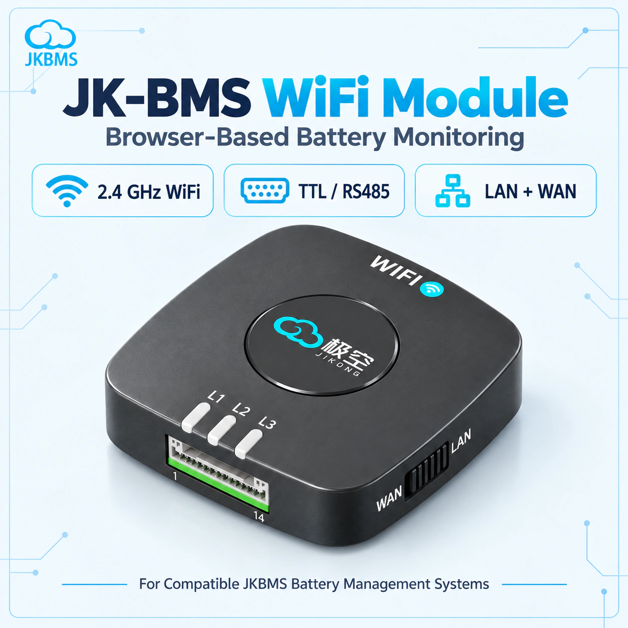 JKBMS WiFi Remote Monitoring Module specifications, dimensions, and application details 1