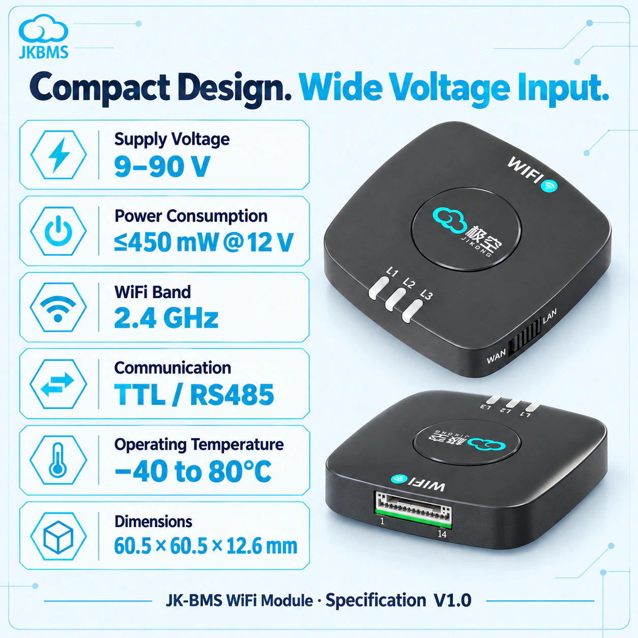 JKBMS WiFi Remote Monitoring Module specifications, dimensions, and application details 2
